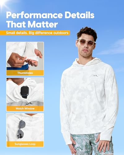 maamgic Men’s UPF 50+ Fishing Shirt Sun Hoodie with Detachable Face Mask, Long Sleeve UV Rash Guard - color: Grayish White, size: Small
