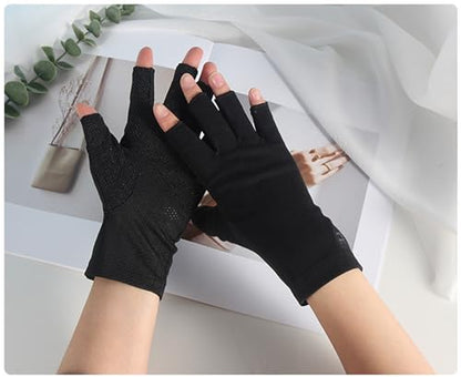 Women Fingless UV Protection Sunblock Gloves,Non-Slip Driving-Gloves Cyling - color: Black