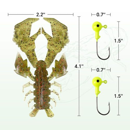 4.1" Crawfish Lure for Bass Fishing, Soft Plastic Craw Bait Kit with Removable Rattles & Jig Head, Reusable Bait Box for Freshwater Bass - color: green