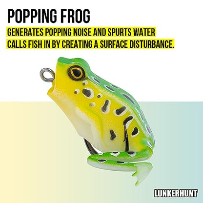 Lunkerhunt Frog Fishing Lure for Bass Fishing | Popping Frog Lure 1/4 oz | Topwater Fishing Bait with Weedless Hooks, Hollow Body, Trout Pike Lures - color: Leopard, size: 2.25 inch