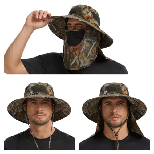 BASSDASH UPF 50+ Breathable Sun Hat with Removable Face Cover and Neck Flap Wide Brim Bucket Hat for Fishing Hiking Men Women - color: Autumn Forest