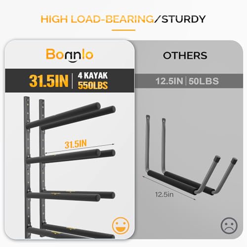 Bonnlo Kayak Storage Rack, Adjustable Heavy Duty Kayak Rack for Kayaks Paddle Boards, Kayak Paddle Holder for Garage, Spacesaver, Gentle on Padding, Boat Organizer - style: 4 Kayaks, Wall Mount