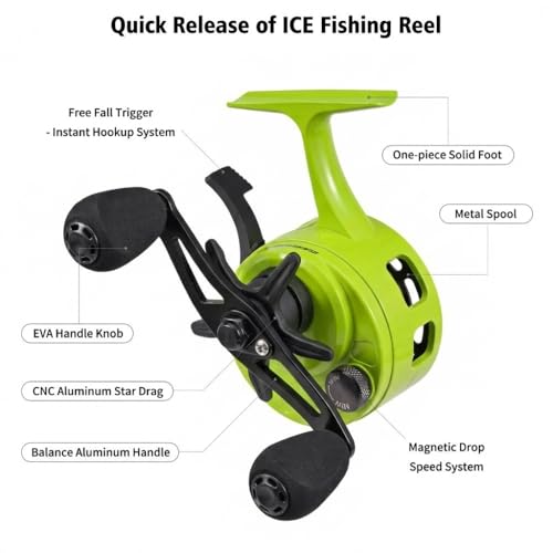 Ice Fishing Reel, 3.2:1 Gear Ratio Ultra Smooth 3+1 Ball Bearings and Magnetic Drop System, Aluminum Alloy Fishing Reel for Ice Fishing and Winter Angling - color: Green-Left