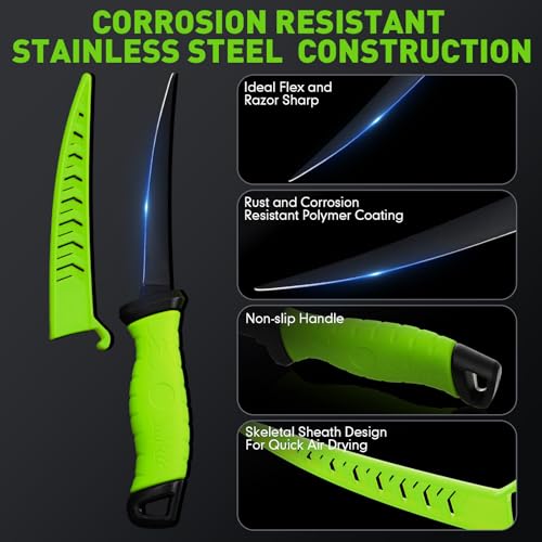 RoundFunny 14 Pcs Fishing Tool Kit, Fillet Knife, Fishing Pliers with Lanyard, Digital Scale, Lip Gripper, Hook Remover Fish Scaler Braid Scissors Gloves Sharpening Rod Retractor Towel Bag - color: Green, style: B