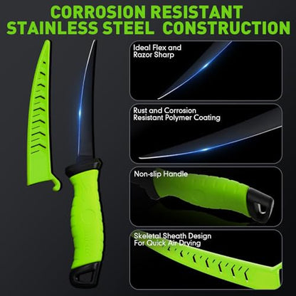 RoundFunny 14 Pcs Fishing Tool Kit, Fillet Knife, Fishing Pliers with Lanyard, Digital Scale, Lip Gripper, Hook Remover Fish Scaler Braid Scissors Gloves Sharpening Rod Retractor Towel Bag - color: Green, style: B