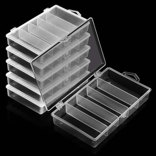 6 Pack 5 Grid Clear Plastic Fishing Tackle Bait Hooks Storage Box, Visible Organizer Container Case for Jewelry Board Game Beads Earrings Screws Nail Bobby Pins DIY Crafts(7.1" x 4.3" x 1.2")
