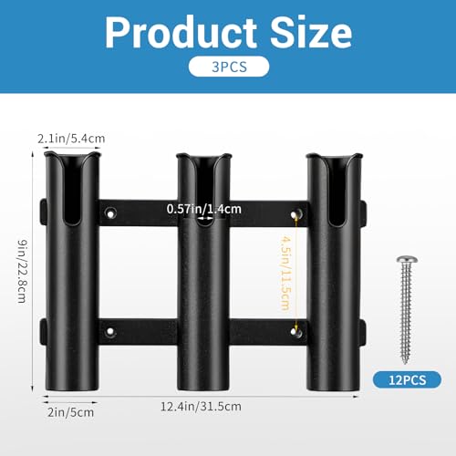 3 Pack Fishing Rod Holder Bracket - 12.4 Inch Wall Mounted 3 Rod Rack, Heavy Duty PVC Side Mount Fishing Pole Holders for Boats, Kayaks, Trucks, Garage Storage & Coolers with Mounting Screws