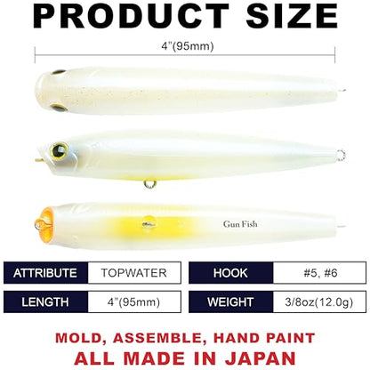 LUCKY CRAFT Gunfish 95NF Top Water Bass Fishing Lures, 4” Floating Lure with Cupped Mouth, Freshwater Trout and Bass Lures Fishing Gear, Accessories for Tackle Box - color: 445 French Pearl OB