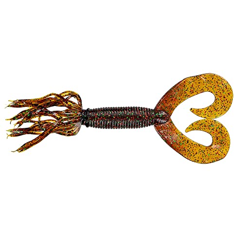 Yamamoto 5" Double Tail Hula Grub - Realistic Easy-to-Use Soft Plastic Fishing Lure Bait with Free-Flowing Skirt - 10 Pack - size: 5 inch, style: Smoke Rootbeer With Small Green and Copper Flake