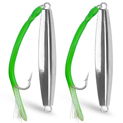 Diamond Jig Saltwater Fishing Lure, 2/3pcs Casting Jigging Spoons with Split Tube Tail Striped Bass Flat Metal Jig for Surf Fishing Bottom Sinking Bouncing Deep Sea Ocean 1-10oz - size: 1oz, style: 2pcs-green