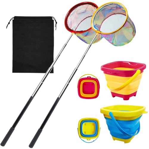 2PCS Fishing Net with Bucket, Telescopic Fishing Landing Net, Collapsible Youth Sand Bucket, Youth Fish Butterfly Catching for Freshwater Saltwater Outdoor Activities - color: Red + Yellow