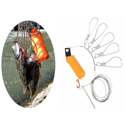 5m Stainless Steel Fish Stringer with 5 Buckle Snaps - Heavy Duty Orange Fishing Lock Cable for Sea, Ice, Kayak Fishing (5 Movable Snaps)