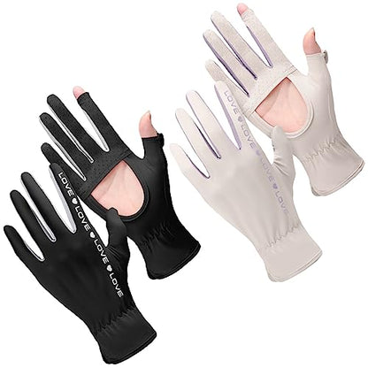 Hercicy 2 Pairs Women Sun Protection Summer UV Driving Gloves UPF 50+ Full Finger Touchscreen Non Slip Gloves - color: Beige, Black