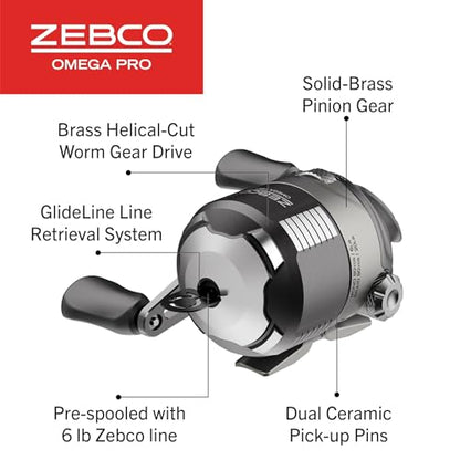 Zebco Omega Pro Spincast Fishing Reel, Dual Ceramic Pick-up Pins, Solid-Brass Pinion Gear, GlideLine ll Line Retrieval System, Pre-Spooled - size: 20 (Clam Pack)