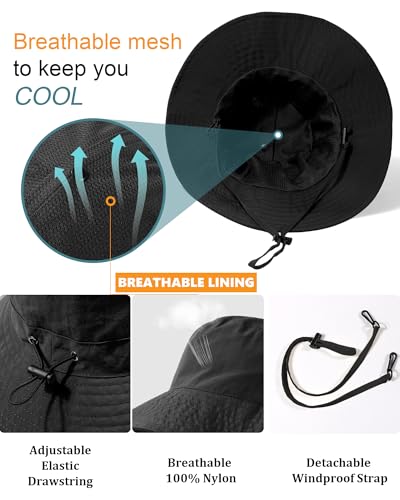 Water-Resistant Sun UPF 50+ Bucket Hat Protection Packable Brimmed Boonie for Women Men Summer Lightweight Hiking Outdoor Cap - color: Black