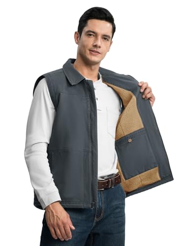 TBMPOY Men's Winter Vest Casual Sherpa Fleece lined Full Zip Lightweight Vest Outerwear Warm Cotton Travel Jackets - color: Iron Gray, size: Large