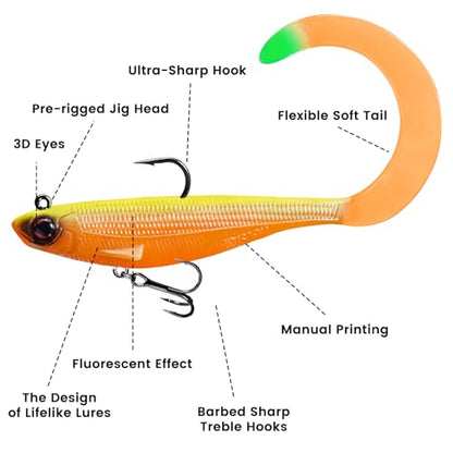 Pre-Rigged Soft Fishing Lures, Easy Catch Swimbaits for Bass Trout | Paddle & Curly Tail, Swim Baits for More Bites, Freshwater & Saltwater Fishing Bait, Crappie Walleye Pike Lures, Value Pack - color: B1-3"-0.31oz