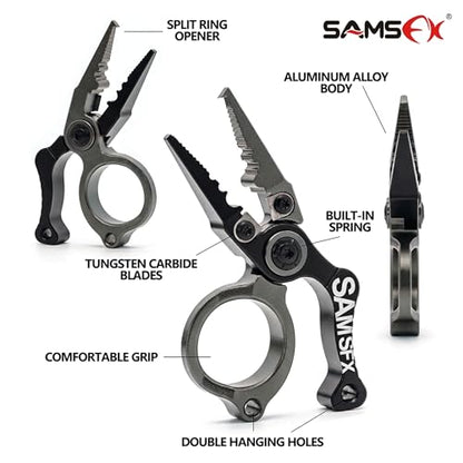 SAMSFX Mini Fishing Pliers with Fly Fishing Zinger Retractor, Fish Hook Remover Tool, Split Ring Pliers for Saltwater & Freshwater, Tungsten Carbide Cutters, Fishing Gear Gift for Anglers - color: Silvery
