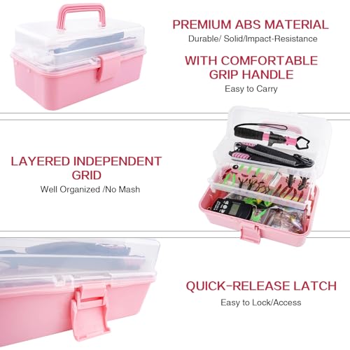 3-Layer Pink Fishing Tackle Box with Tackle Included, Fishing Tools Kit Includes Pliers Fish Lip Gripper Scale Crankbait Spinnerbaits Soft Baits Hooks, Ideal Gift for Angler Saltwater Freshwater - color: Pink