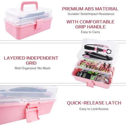 3-Layer Pink Fishing Tackle Box with Tackle Included, Fishing Tools Kit Includes Pliers Fish Lip Gripper Scale Crankbait Spinnerbaits Soft Baits Hooks, Ideal Gift for Angler Saltwater Freshwater - color: Pink
