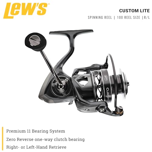 Lew’s Custom Lite Spinning Fishing Reel, 10+1 Stainless Steel Ball Bearings, Size 100 Reel, 5.6:1 Gear Ratio, Right or Left-Hand Retrieve, Carbon Grey
