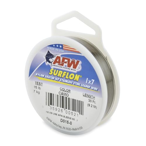 American Fishing Wire Surflon Nylon Coated 1x7 Stainless Steel Wire Leader - Wire Fishing Leader Line for Saltwater 10lb Up To 250lb Test in Bright, Black, Camo in 30ft, 100ft, 300ft, & 1000ft Lengths - color: Camo, style: 30 Feet, 15 Pound Test
