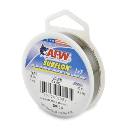 American Fishing Wire Surflon Nylon Coated 1x7 Stainless Steel Wire Leader - Wire Fishing Leader Line for Saltwater 10lb Up To 250lb Test in Bright, Black, Camo in 30ft, 100ft, 300ft, & 1000ft Lengths - color: Camo, style: 30 Feet, 15 Pound Test