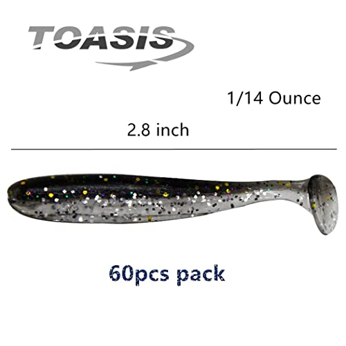 Toasis Fishing Soft Plastics Paddle Tail Swimbait Bass Trout Fishing Lures 2.8-inch Pack of 60 - color: Mixed