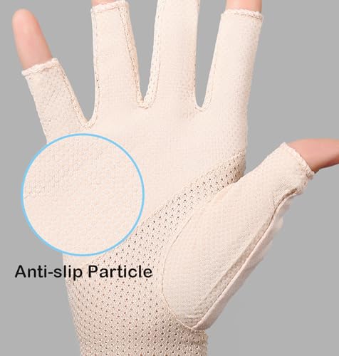 Eohak Women Driving Gloves Sun UV Protection Summer Outdoor Hiking UPF 50+ Glove Touchscreen Half-Finger Glove - color: Apricot Color