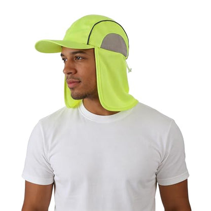 High Visibility Reflective Work Safety Hat Wide Brim Boonie Sun Hat UV Protection Fishing Cap with Neck Flap - color: Yellow