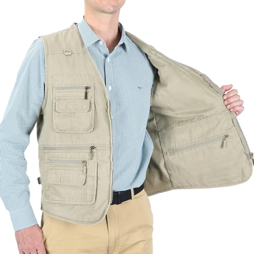 Men's Stone Washed Denim Multi-pocketed Fishing Work Outerwear Vest - color: Beige, size: Large