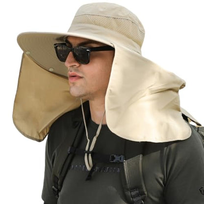 HUAMULAN Men Summer Sun Hat Women Safari Wide Brim Fishing Hats UV Protection Neck Flap Bucket Gardening Hiking Hunting Cap - color: Beige