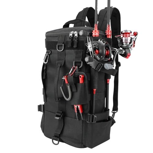 KOMCLUB Black Fishing Sling Tackle Storage Backpack, Large with Rain Cover‌ | Waterproof Outdoor Fishing Bag, Ideal Fishing Gifts for Men, Fits All-Day Fishing Trips - color: Black