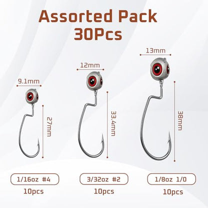 Weedless Jig Head, Swimbait Jig Heads, Texas Rig Compatible | For Bass, Walleye, 10 and 30 Pieces, Assorted Weights (BFS and Heavier Weights), Tackle Gift - style: Bfs Assorted 30 Pack (1/16oz, 3/32oz, 1/8oz)