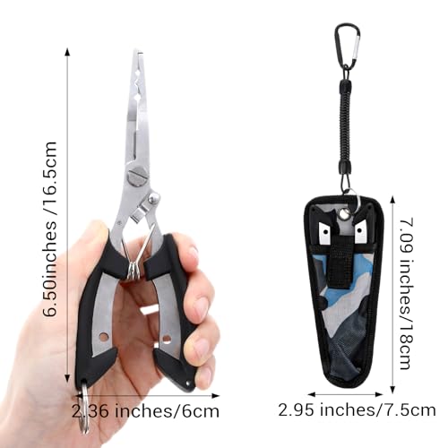 Xindojuz 1 PCS Fishing Pliers Hook Remover, Fishing Scissors Line Cutter, Split Ring Fishings Pliers Saltwater with Safety Lock, Stainless Steel Fishings Tools with Sheath, Gifts for Men Women