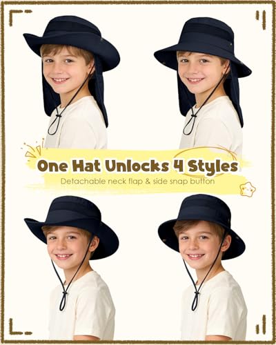 Century Star Kids Sun Hat with Detachable Neck Flap,UPF 50+ Windproof Waterproof Beach Bucket Hat Outdoor Fishing Safari - color: Navy Blue