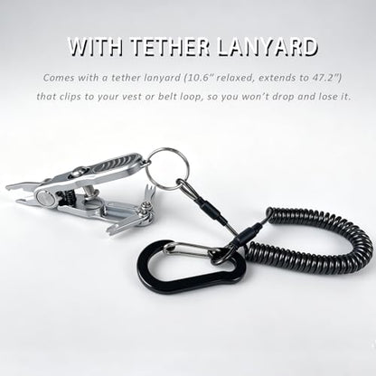 Fishing Line Cutter, Split Ring Opener, Retractable Lanyard, Compact Pliers | For Braided, Mono & Fluoro Lines, Knot Tying Aid, Stainless Steel, Non-Slip, Safety Lock, 3.5 Inches, Hook Cleaner, Rustproof