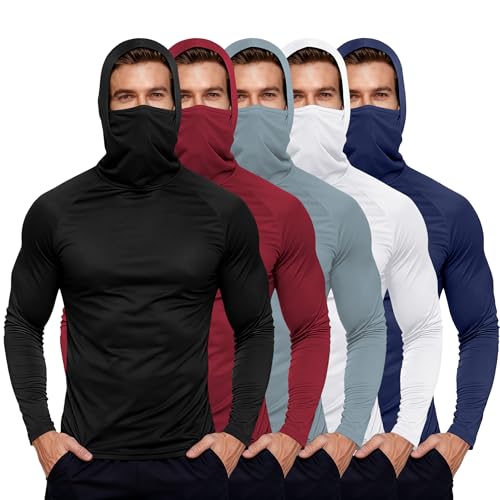 HovSiyla Mens Fishing Hoodie UV Sun Protection Shirts UPF Rash Guard Long Sleeve Shirts Hiking Performance Mesh Face Mask Top - color: 5 Pack : Black Grey White Navy Red, size: XX-Large