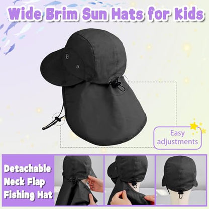 Kids Sun Hat with Detachable Neck Flap for Boys & Girls Wide Brim Fishing Hat for Kids Water Resistant UV Protection - color: 1 Pack-black