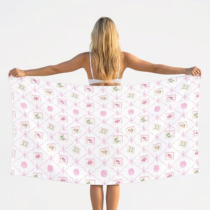 Coquette Pink Bow Mahjong Beach Towel - Grandmillennial Preppy Girly Large Sand Free Towel 30x60 Inch for Beach Camping Swim Pool Gym Sports & Yoga, Mahjong Lovers Players Gifts - color: Btowels10