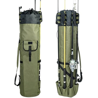 DONQL Fishing Rod Bags, Outdoor Fishing Pole Case, Multifunction Camping Portable Travel Carry Cases Backpack, Fishings Rod and Reel Case Holds 5 Poles & Rig Tackles, Fishings Gift for Men - color: Dark Green