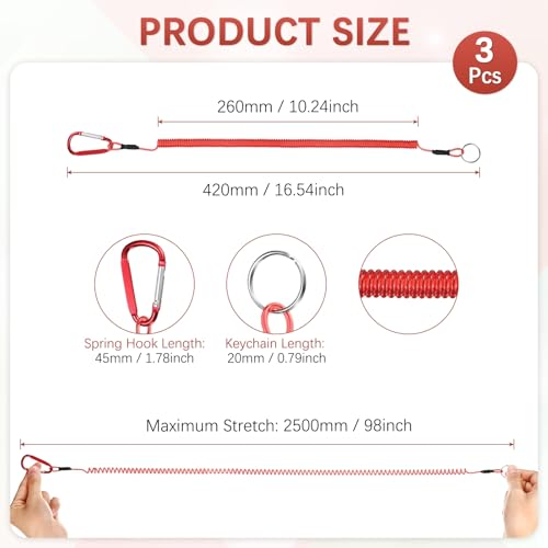 16.54IN Retractable Safety Coiled Lanyard [3PCS] - Steel Wire Fishing Rod Safety Lanyard Use for Pliers Boating - color: Red