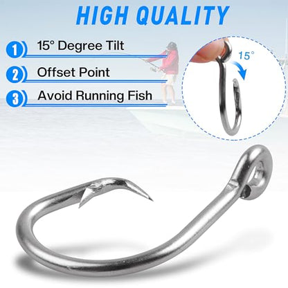 Circle Hooks Saltwater, 40pcs Stainless Steel in-line Straight Eye Tuna Circle Hook Extra Strong Wire Short Shank Fishing Hooks for Tuna Bass Catfish