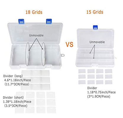 Qualsen 2 Pack 18 Grid Clear Plastic Bead Organizer Box with Adjustable Dividers, Tackle Box Organizer for Beads Jewelry Art Craft Earrings Nail Fishing Tackle and Small Items - size: 18 Gird-2pcs