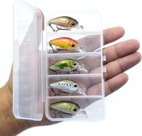 5-Pack Mini Panfish Crankbait - 1.8" 0.12oz Floating Micro Hard Lures, Built-in Rattle, 3D Eyes, Sharp Treble Hooks, Ultralight Finesse Baits for Trout, Crappie, Bluegill, Bass
