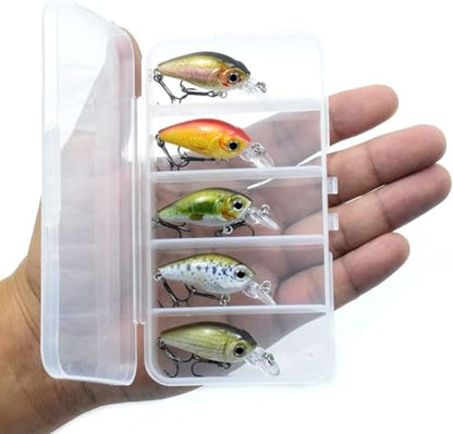 5-Pack Mini Panfish Crankbait - 1.8" 0.12oz Floating Micro Hard Lures, Built-in Rattle, 3D Eyes, Sharp Treble Hooks, Ultralight Finesse Baits for Trout, Crappie, Bluegill, Bass