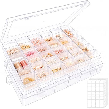 2 Pack Clear Bead Organizer Tackle Box with Adjustable Dividers for Jewelry Art Craft Containers 36 Grids Compartment with 5 Sheets Label Stickers - color: 2 Pack