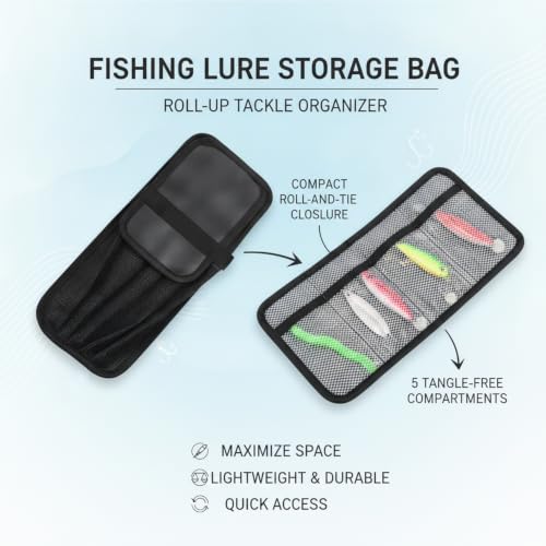 Boat Deck & Tackle Box Lure Organizer, Roll-Up Soft Storage Bag with 5 Compartments for Jigs and Baits, Black Polyester Case