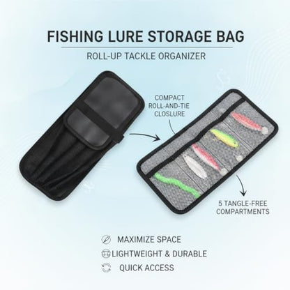 Boat Deck & Tackle Box Lure Organizer, Roll-Up Soft Storage Bag with 5 Compartments for Jigs and Baits, Black Polyester Case
