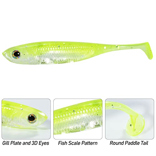 Dr.Fish Paddle Tail Swimbaits, Soft Fishing Lures for Bass Fishing 2.75-4.75 Inches, Freshwater & Saltwater Soft Plastic Baits Swim Shad Bait Minnow Lures Drop Shot - color: Chartreuse, size: 2.7"-6 Pack